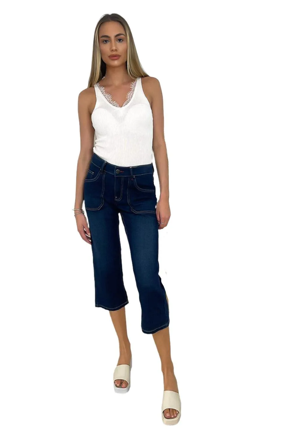 Contrast Stitch Large Pockets Cropped Jeans