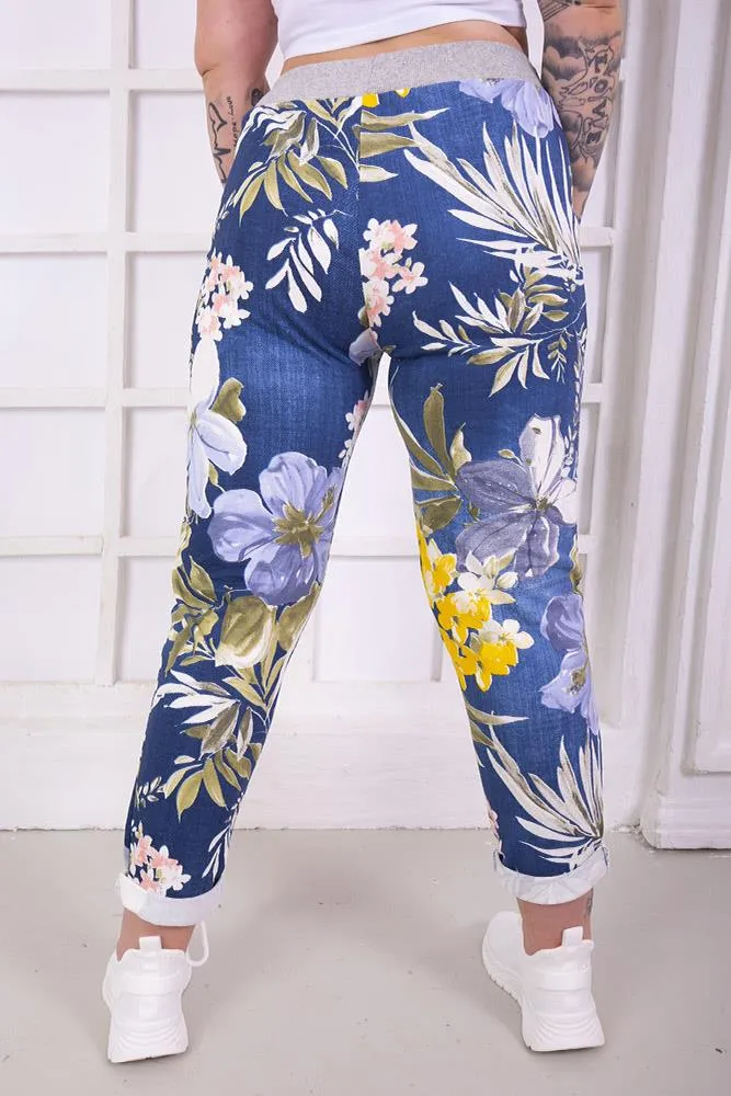 Cotton Tropical Floral Print Drawstring Trousers