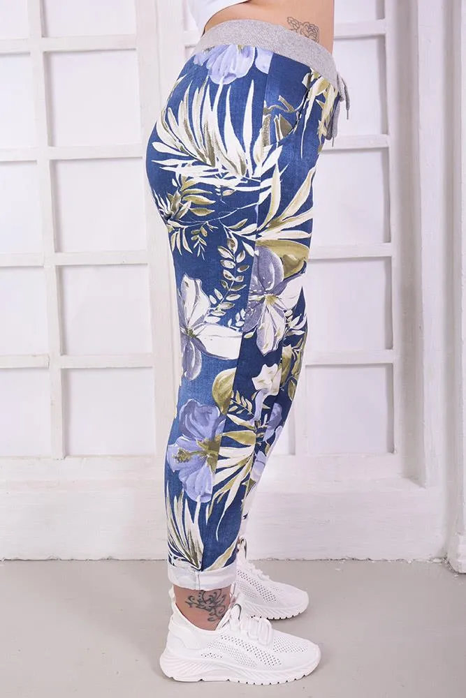 Cotton Tropical Floral Print Drawstring Trousers