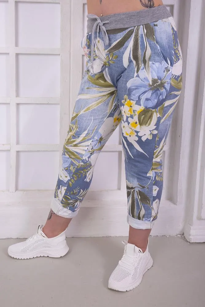 Cotton Tropical Floral Print Drawstring Trousers