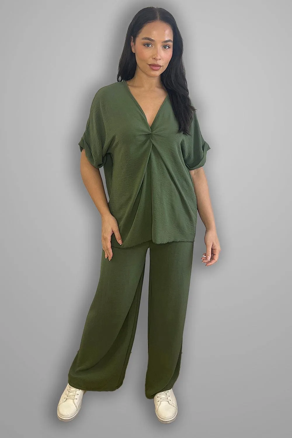 Crepe Twisted Neckline Comfy Fit Tunic And Trousers Set