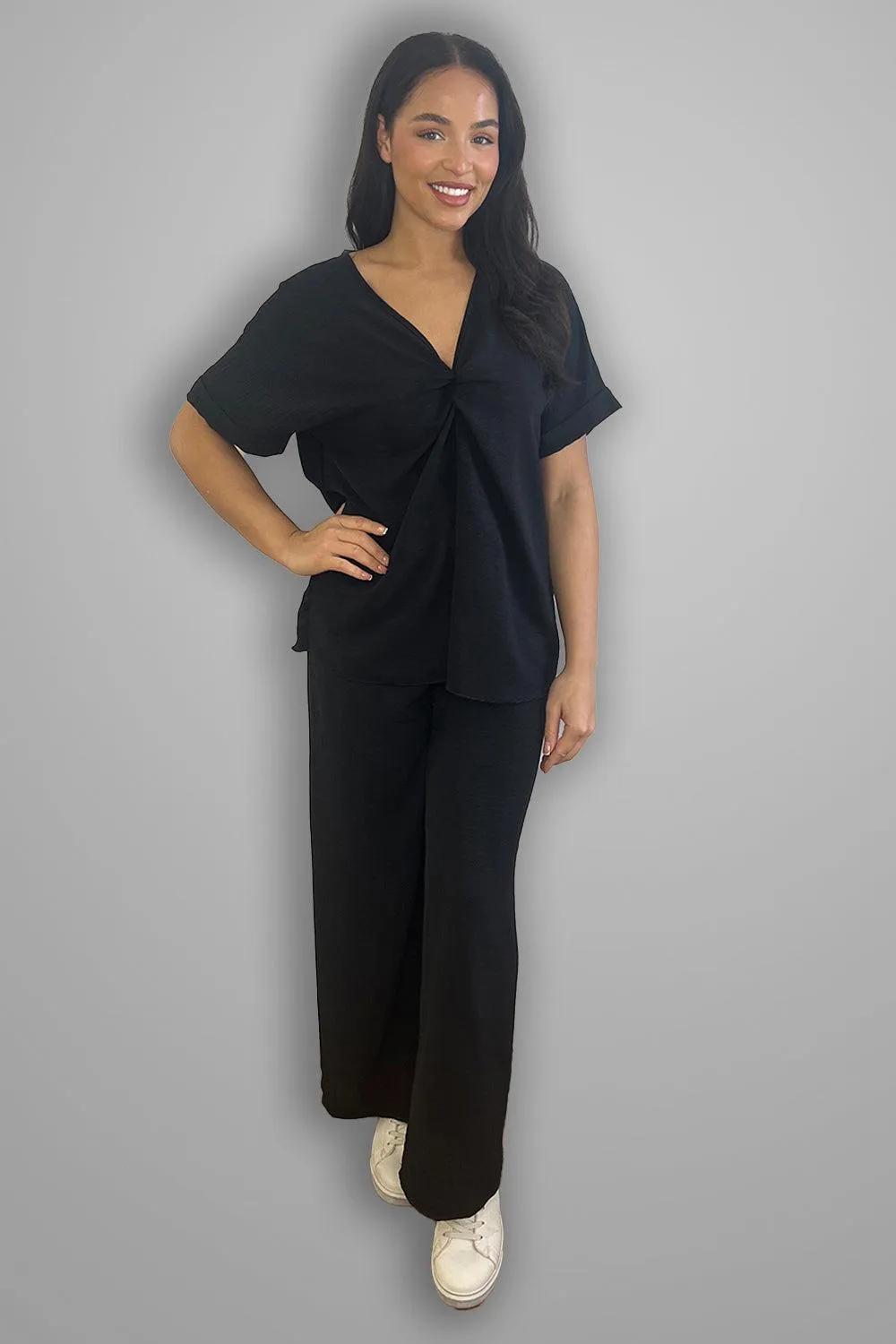 Crepe Twisted Neckline Comfy Fit Tunic And Trousers Set