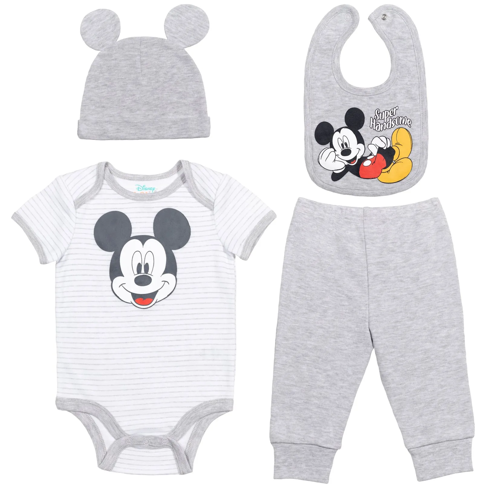 Disney Mickey Mouse Bodysuit Pants Bib and Hat 4 Piece Outfit Set