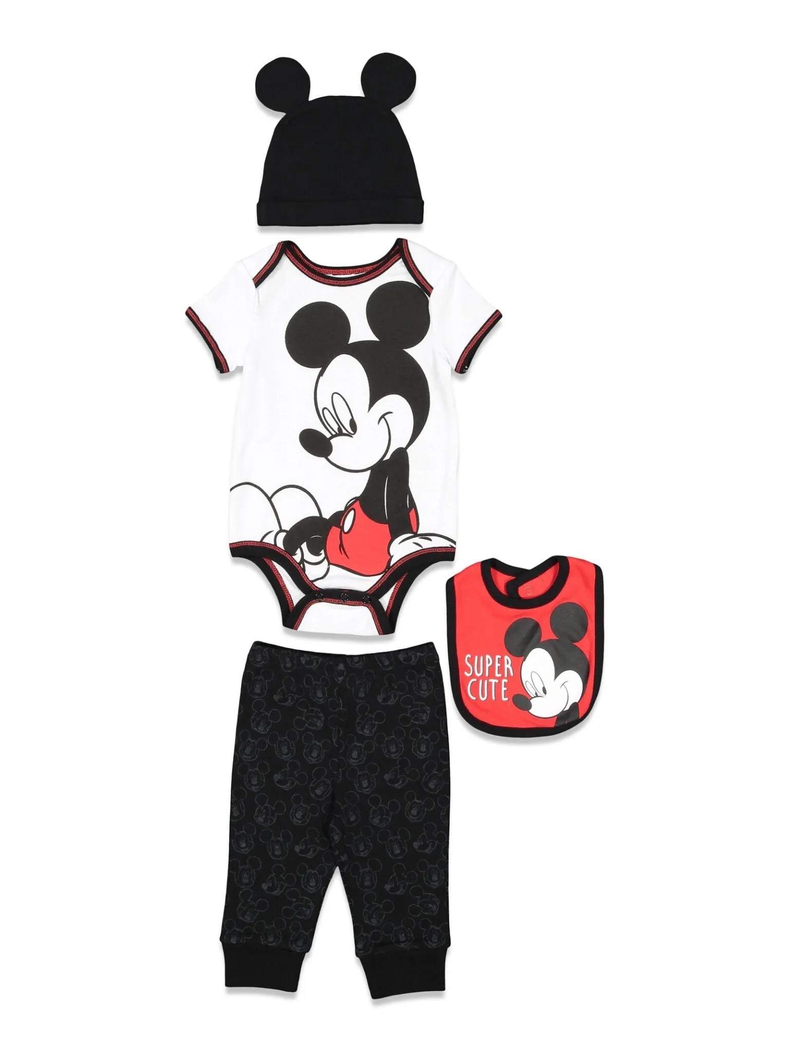 Disney Mickey Mouse Bodysuit Pants Bib and Hat 4 Piece Outfit Set