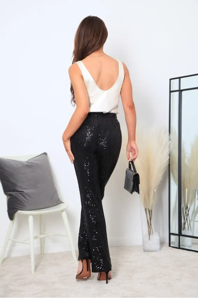 Double Second Black Wide Leg Sequin Trousers - Regular