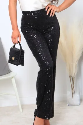 Double Second Black Wide Leg Sequin Trousers - Regular