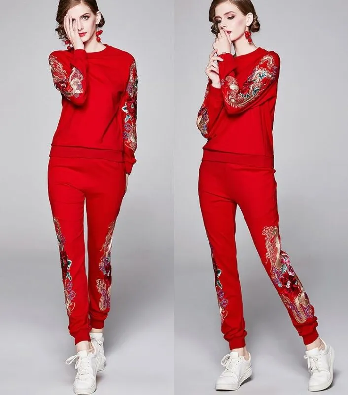 Embroidery Sports Suit Female Casual Sweater Two-piece Trousers