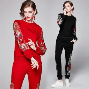 Embroidery Sports Suit Female Casual Sweater Two-piece Trousers