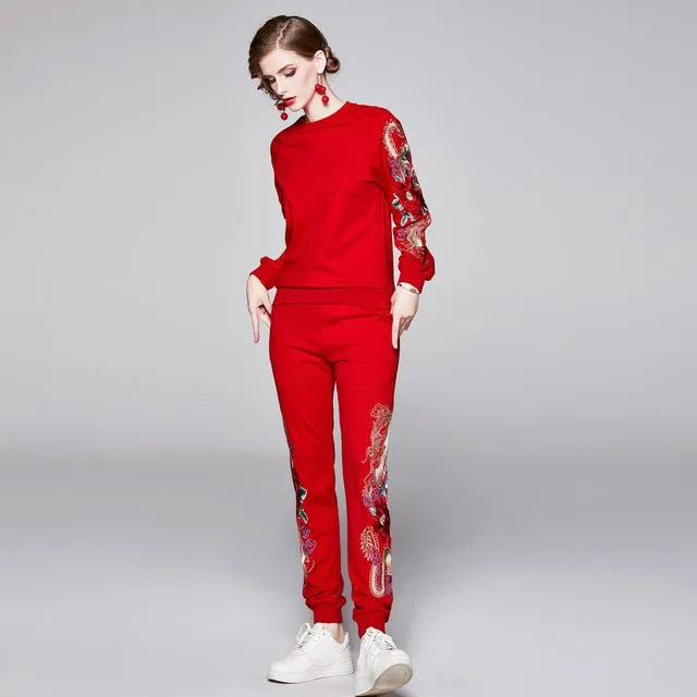 Embroidery Sports Suit Female Casual Sweater Two-piece Trousers