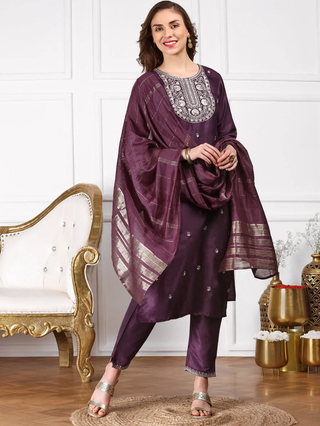 Ethnic Motifs Embroidered Straight Kurta & Trousers With Dupatta