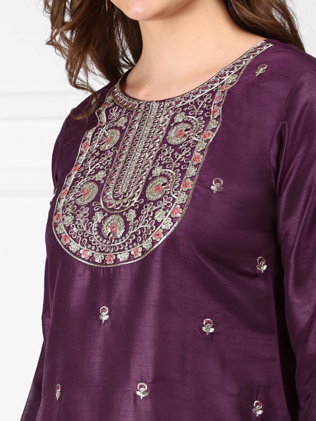 Ethnic Motifs Embroidered Straight Kurta & Trousers With Dupatta