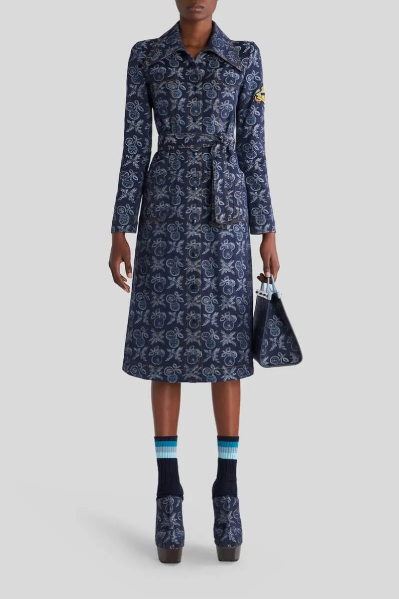 Etro Cherry Jacquard Denim Trench Dress - Navy Blue