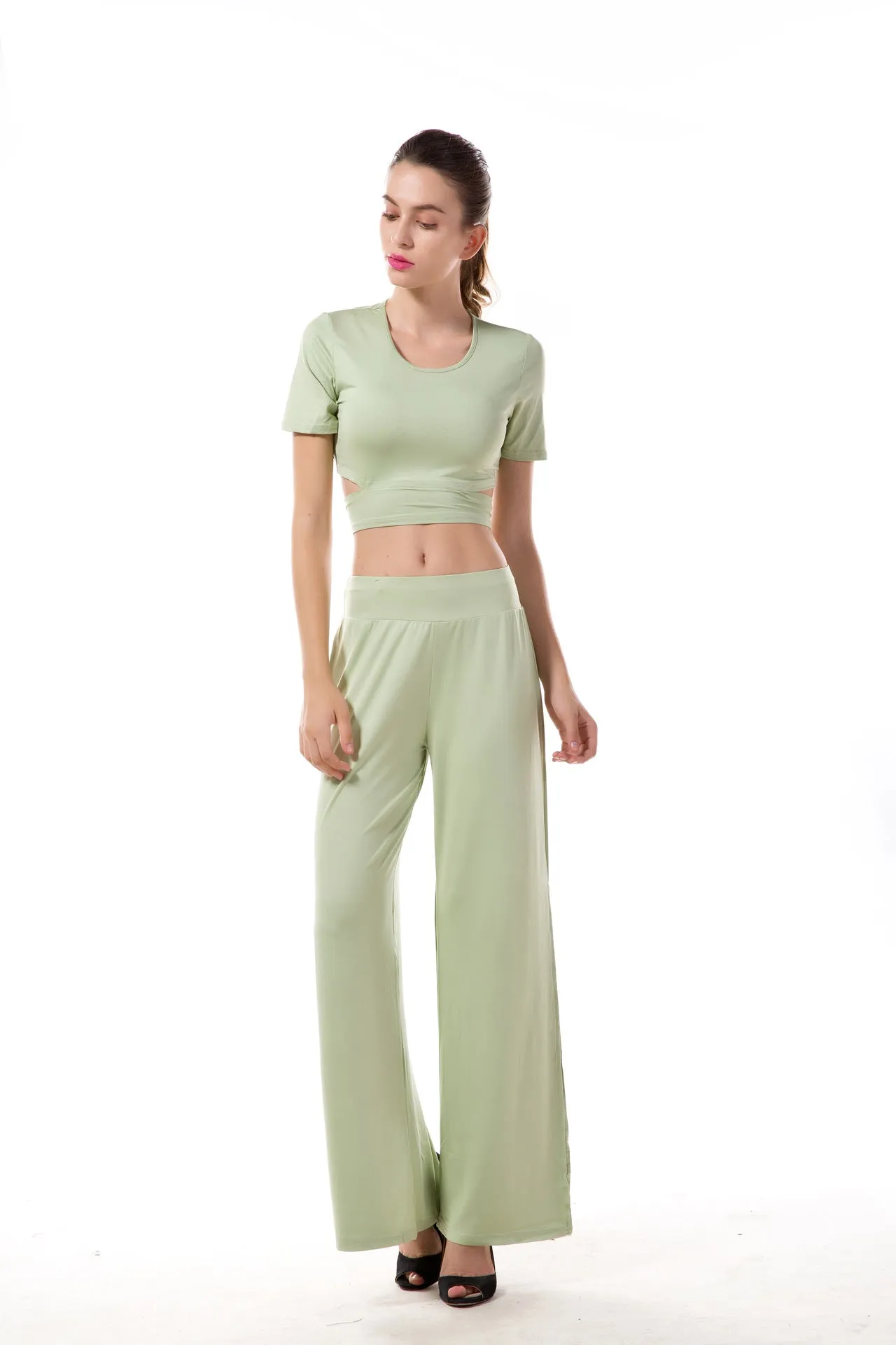 Green Top And Slit Trousers Two Pieces Set