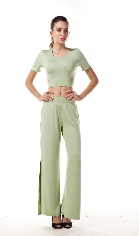 Green Top And Slit Trousers Two Pieces Set