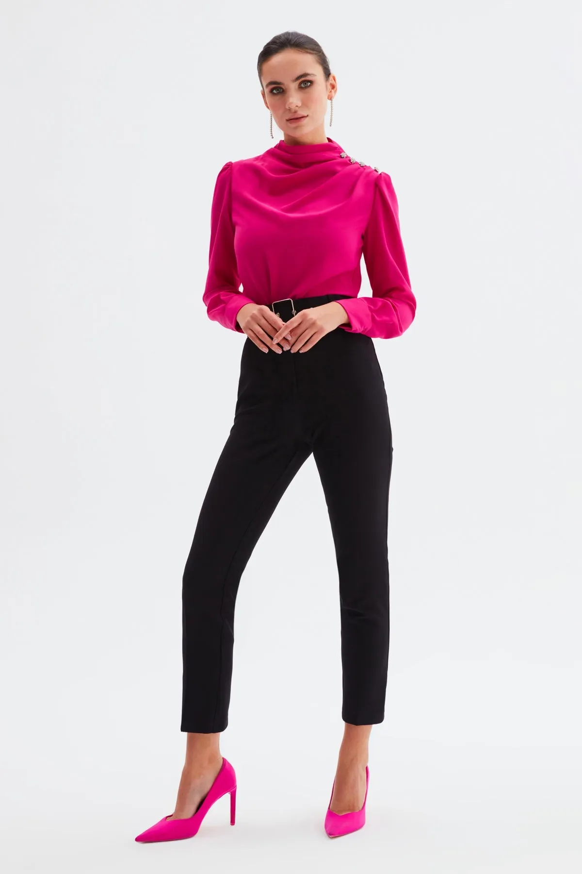 High Waist Belted Trousers - Black