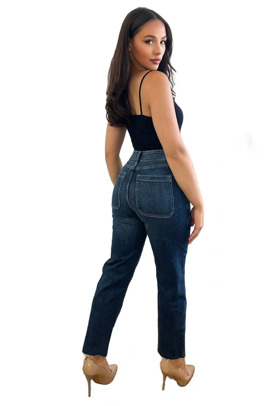 High Waisted Square Seam Details Jeans