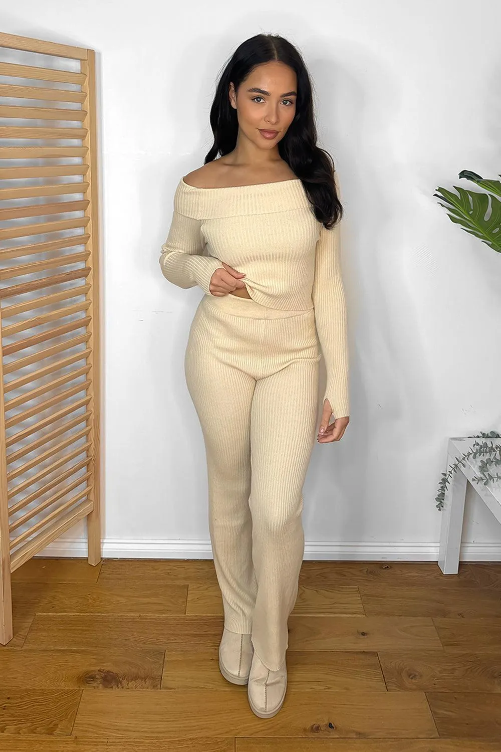 Knitted Bardot Top And Wide Leg Trousers Set