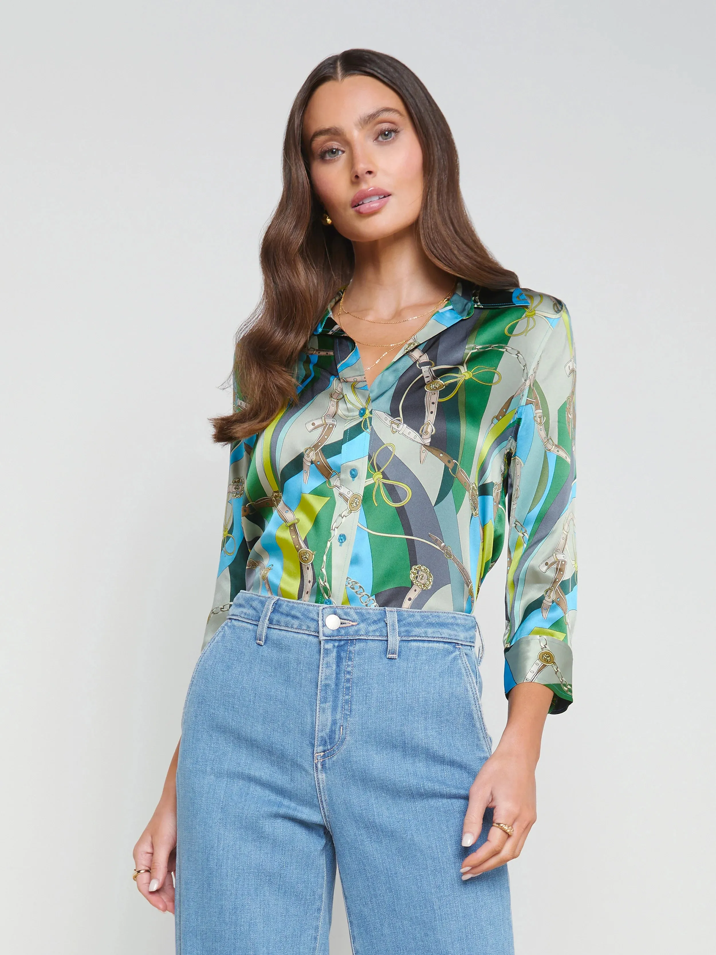 L’agence - Dani Silk Blouse - Sea Green Multi Belt Swirl