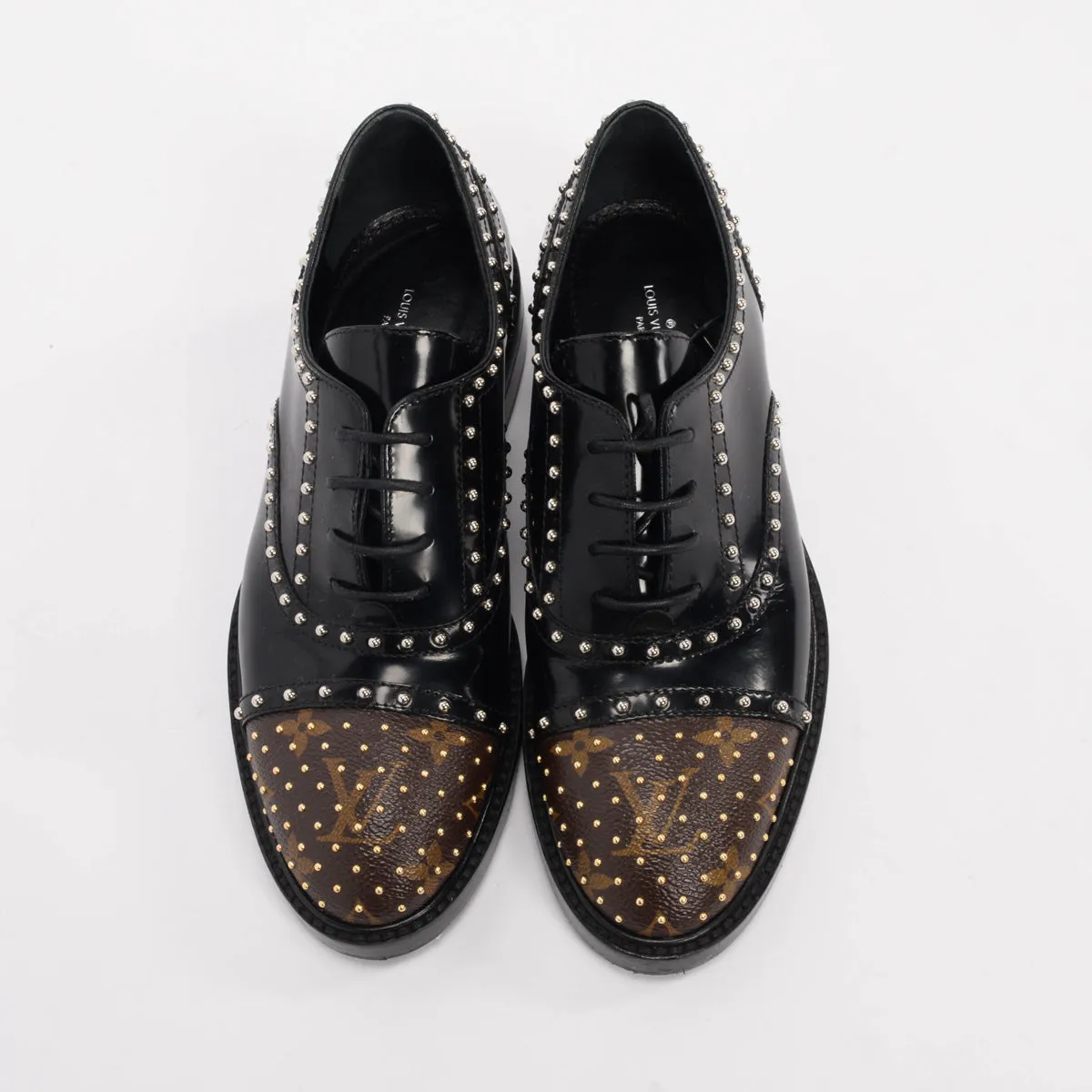 Louis Vuitton Black Monogram Studded Lace Up Shoes 37