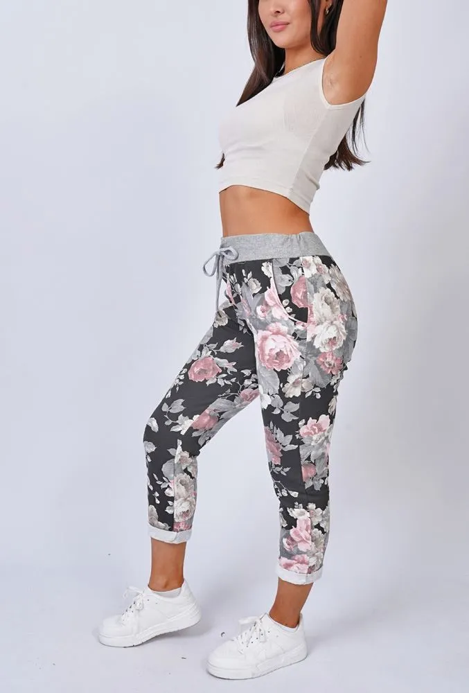 Multi Rose Flower Print Drawstring Cotton Trousers