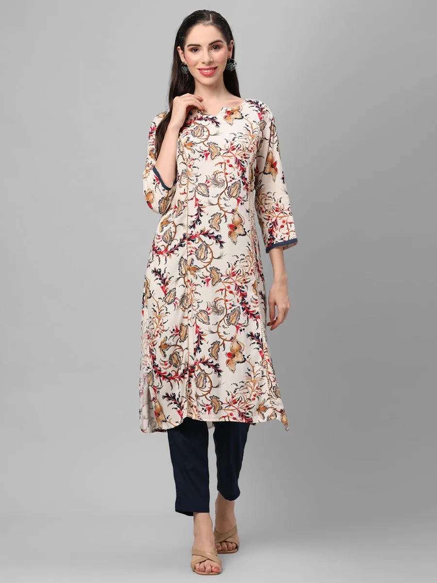 Off White Floral Printed Kurta With Trouser