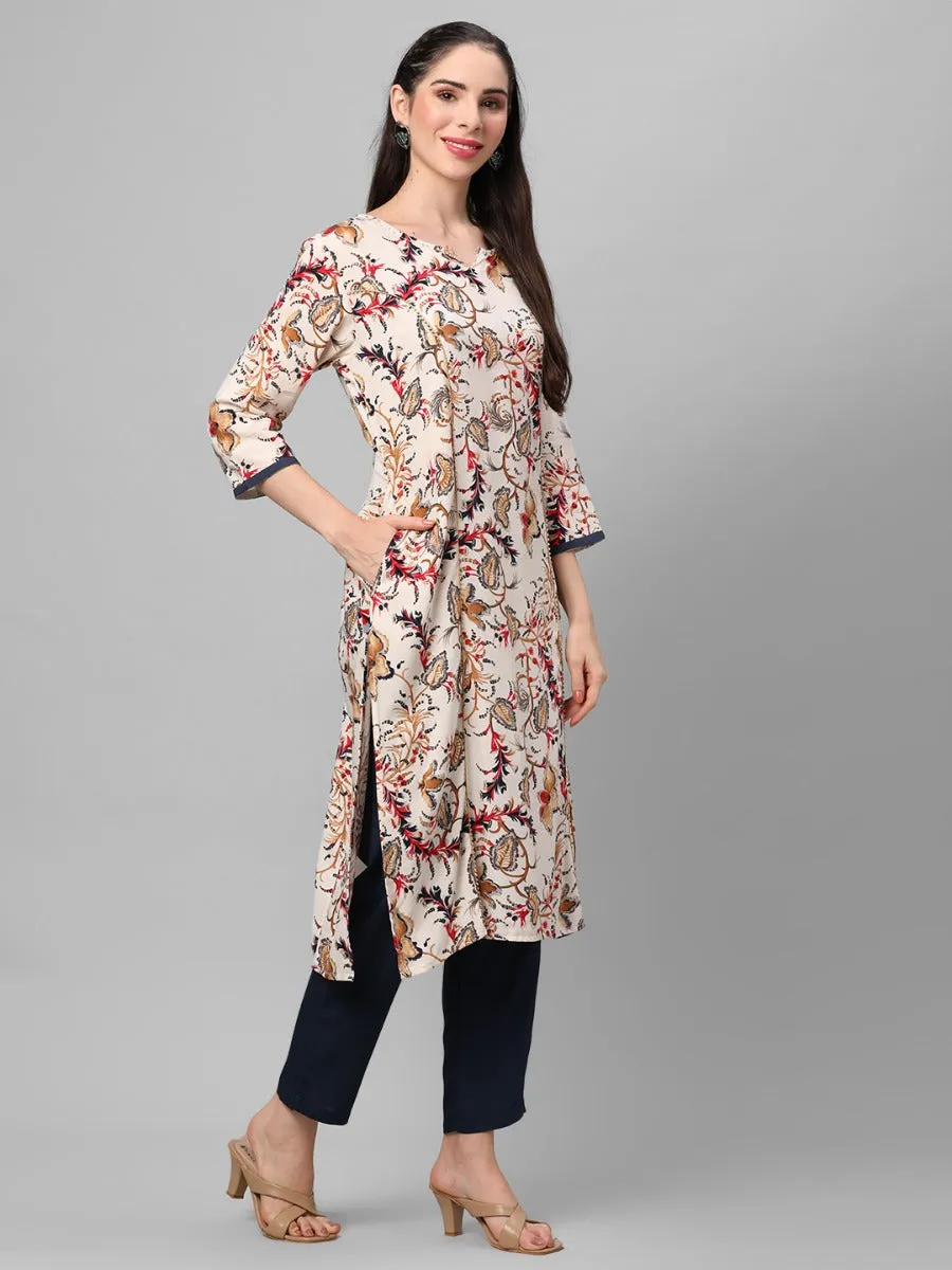 Off White Floral Printed Kurta With Trouser