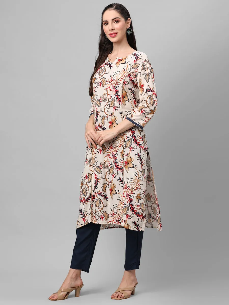 Off White Floral Printed Kurta With Trouser