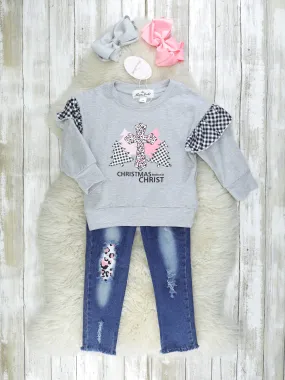 "Christmas Begins With Christ" Leopard Denim Outfit