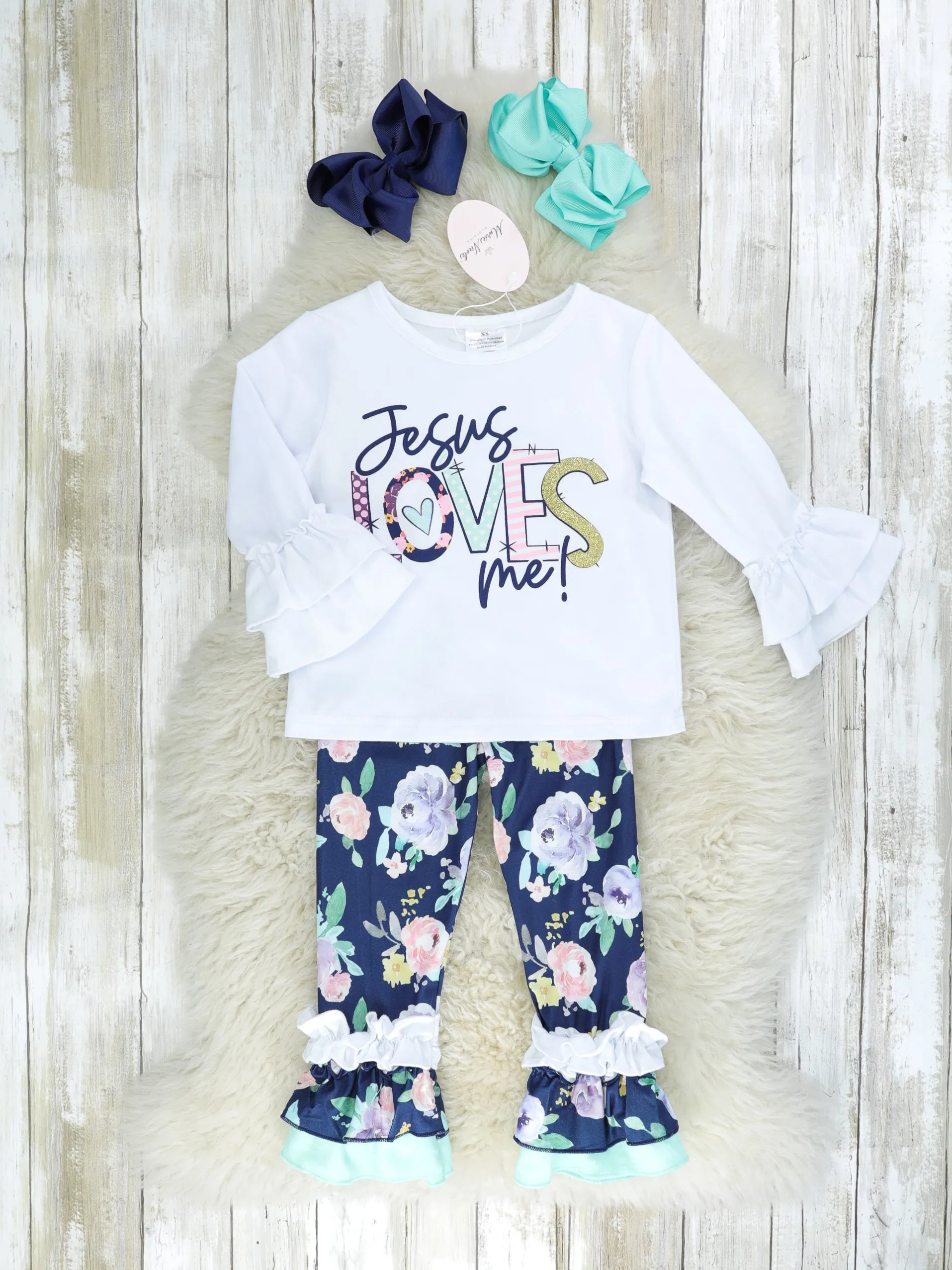 "Jesus Loves Me" Ruffle Top & Floral Pants Outfit