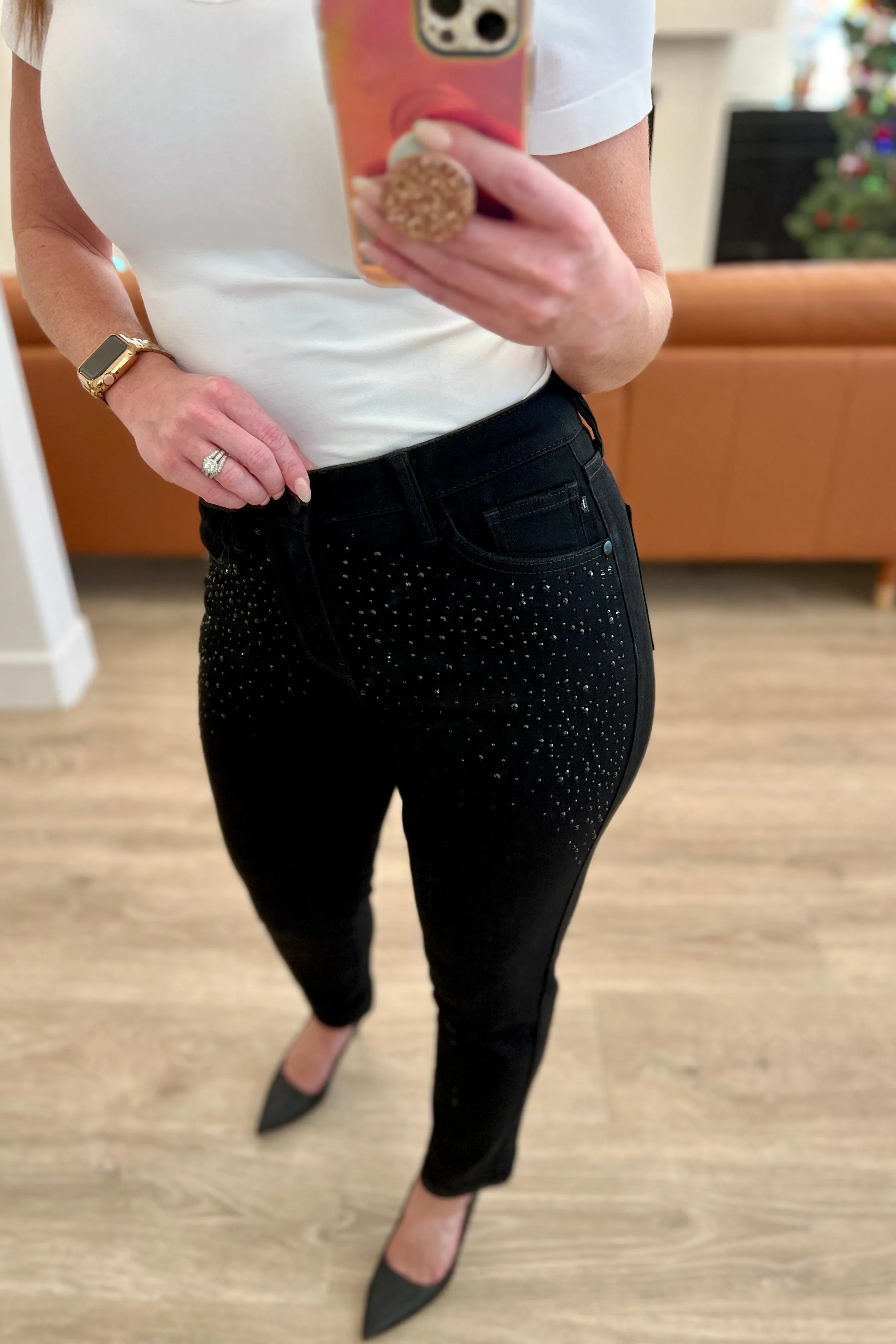 Reese Rhinestone Slim Fit Jeans in Black by Judy Blue