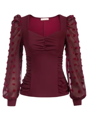 Seckill Offer⌛Vintage See-Through Patchwork Puffed Long Sleeve V-Neck Blouse