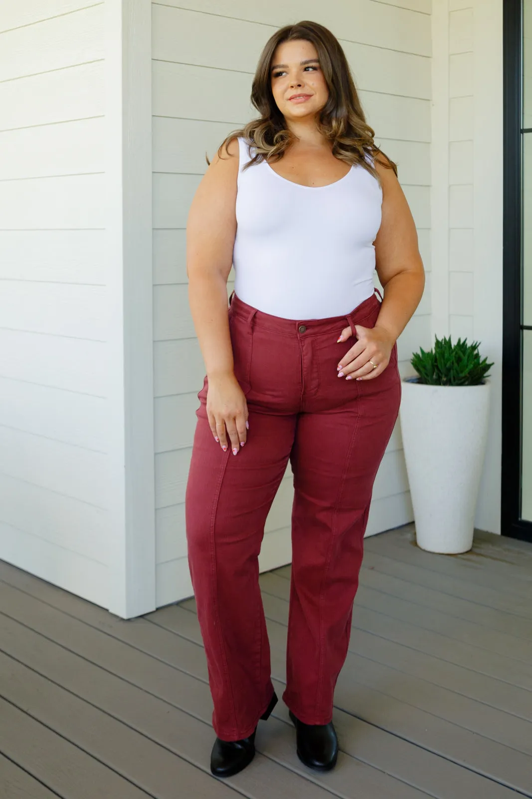 *Size 20W - Phoebe High Rise Front Seam Straight Jeans in Burgundy