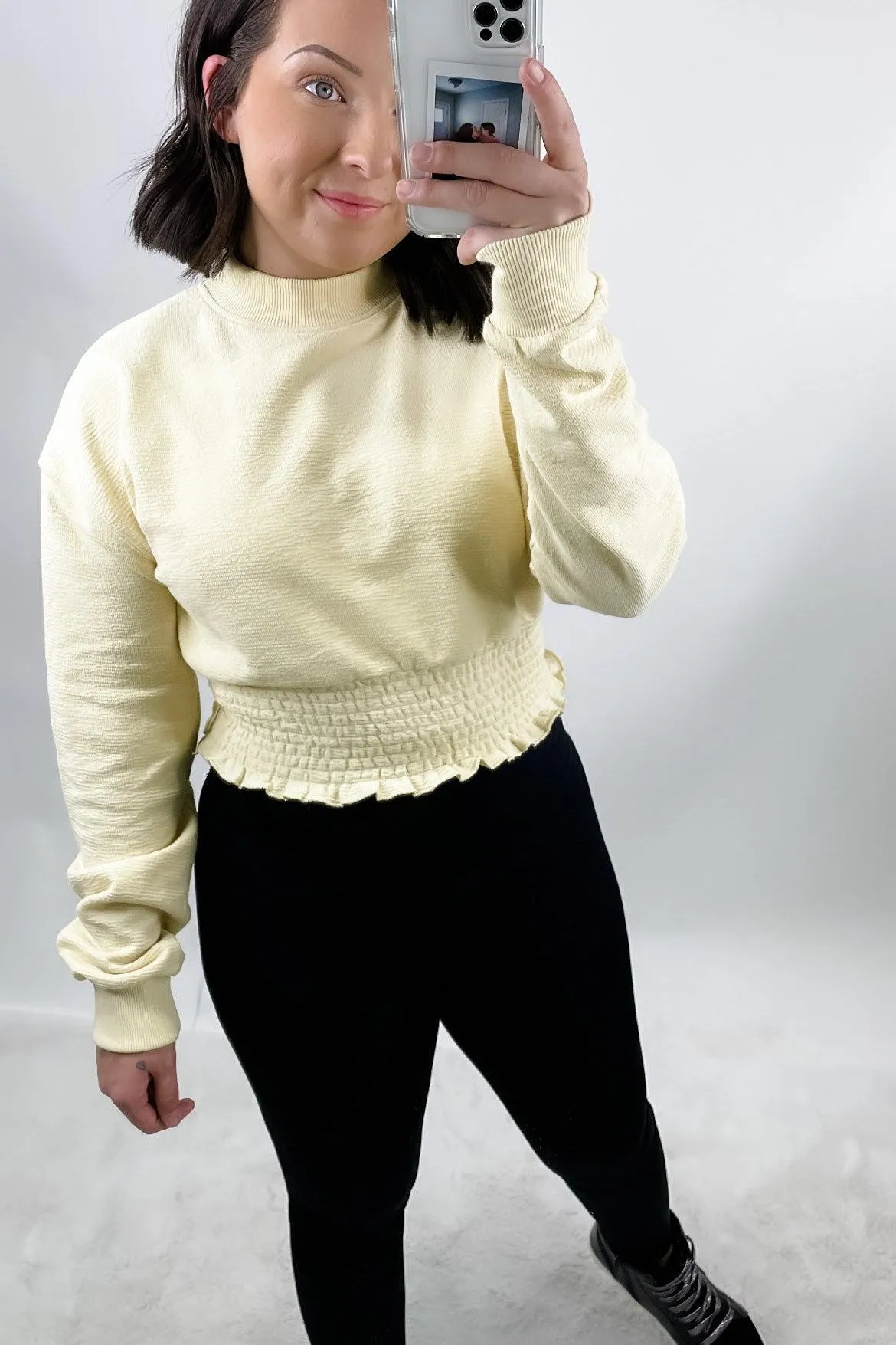 Step Up Your Game- {Lt. Blue, Black, Lt. Yellow} Cropped Pullover w/ Smocked Waist