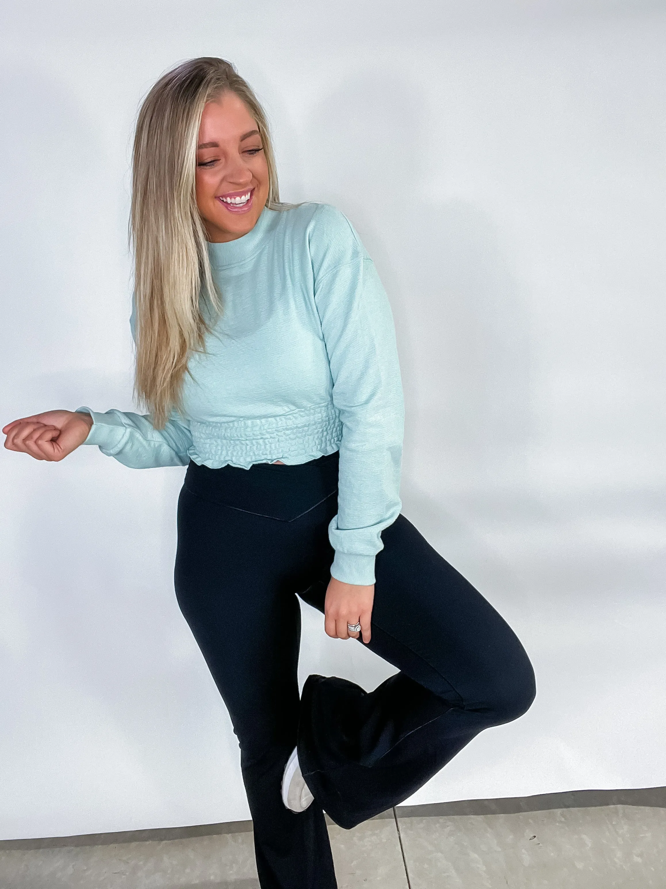 Step Up Your Game- {Lt. Blue, Black, Lt. Yellow} Cropped Pullover w/ Smocked Waist