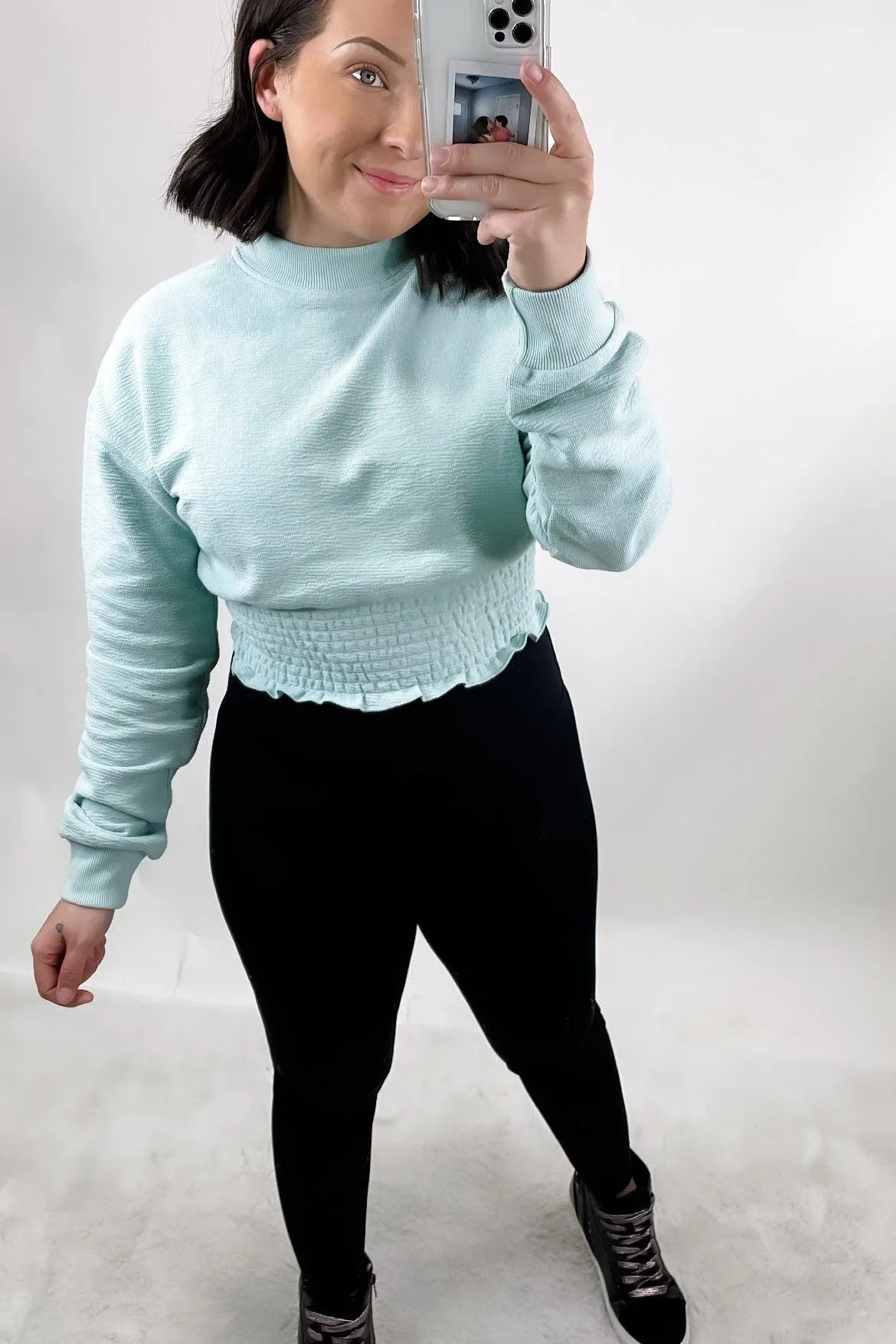 Step Up Your Game- {Lt. Blue, Black, Lt. Yellow} Cropped Pullover w/ Smocked Waist