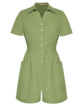 Summer Short Sleeve Rompers for Women Elastic Wasit Button Down Cotton Cargo Jumpsuits with Pockets