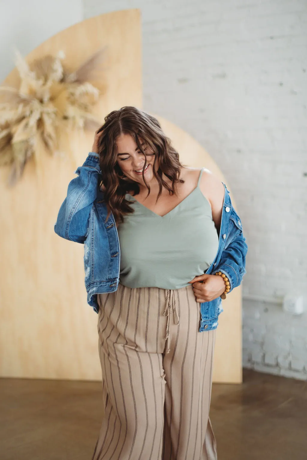 Take It All In- Khaki Striped Wide Leg Pants w/ Side Slits