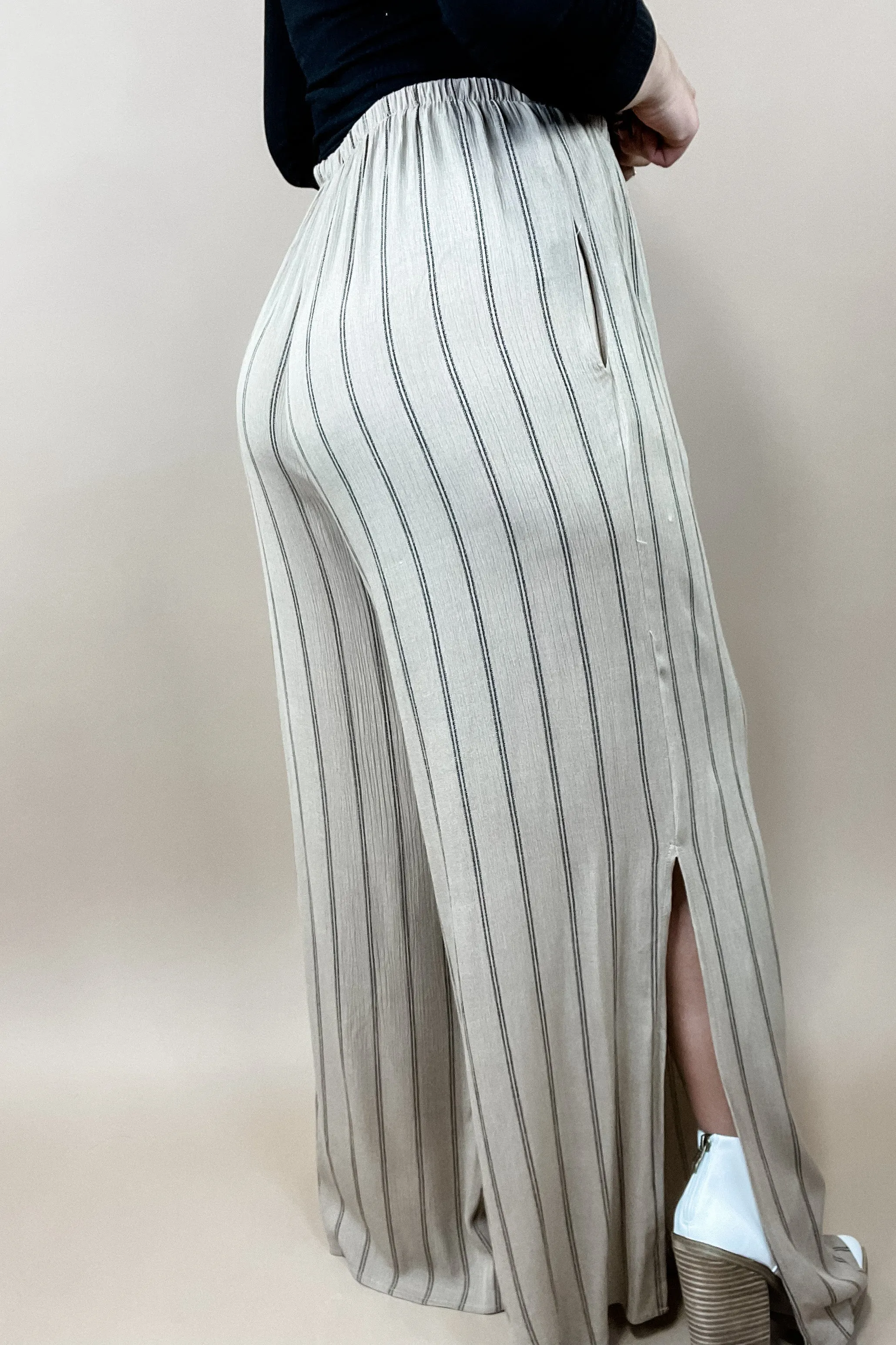 Take It All In- Khaki Striped Wide Leg Pants w/ Side Slits