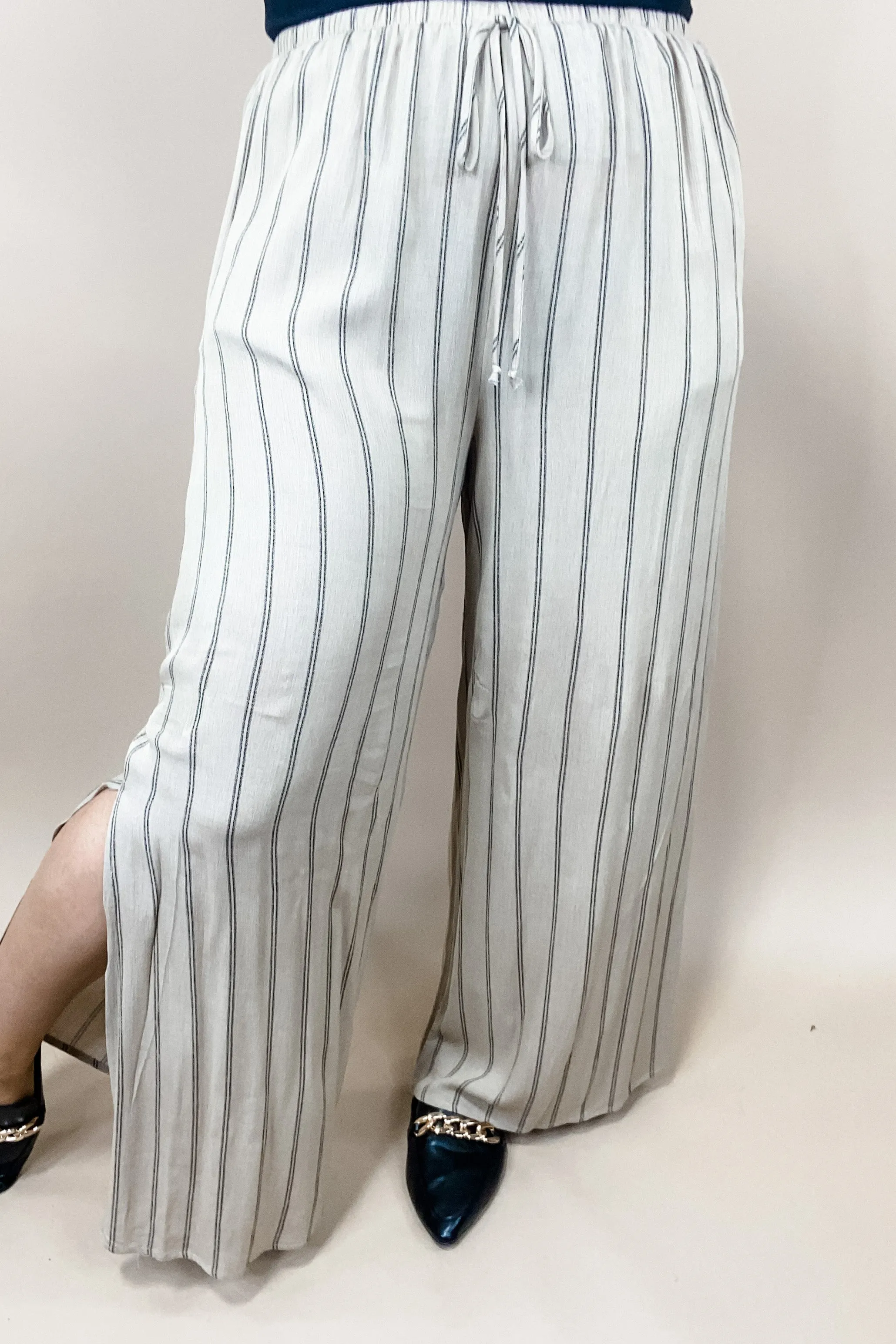 Take It All In- Khaki Striped Wide Leg Pants w/ Side Slits