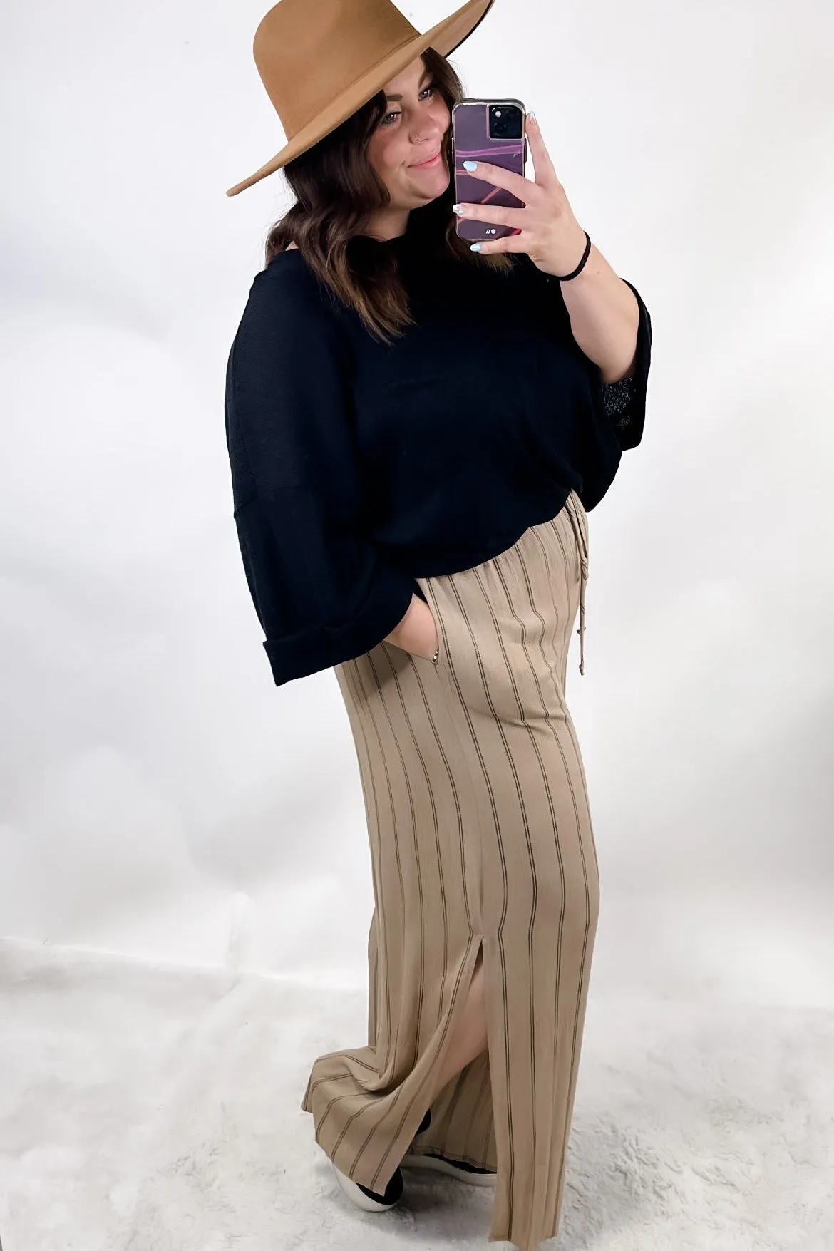 Take It All In- Khaki Striped Wide Leg Pants w/ Side Slits