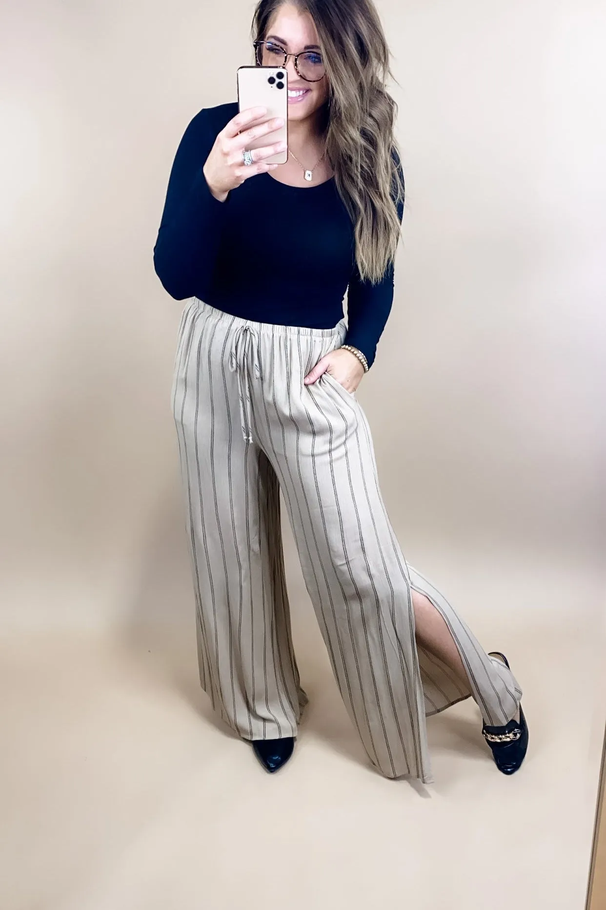 Take It All In- Khaki Striped Wide Leg Pants w/ Side Slits