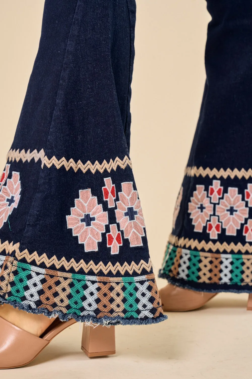 The Ginger's- Dark Wash Bell Bottom Jeans w/ Embroidered & Fringe Detail